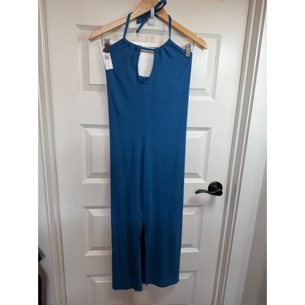 Old Navy Womens Blue Ribbed Halter Midi Dress Keyhole Neckline Size S New